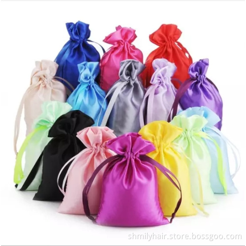 Custom hair labels/wraps/tags extension Packaging for bundles,Custom package Drawstring satin silk bag for hair extension bundle